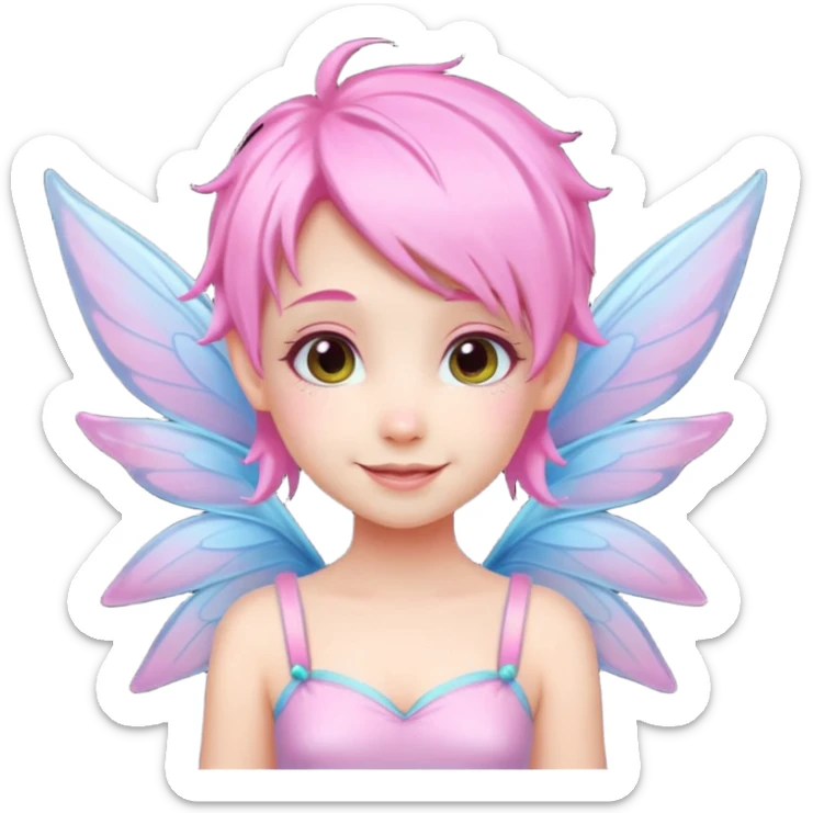A tiny pastel fairy with pink hair with glowing wings and a sweet smile  sticker
