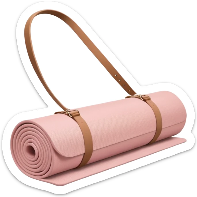light dusty pink yoga mat rolled up, with tan carrier strap sticker