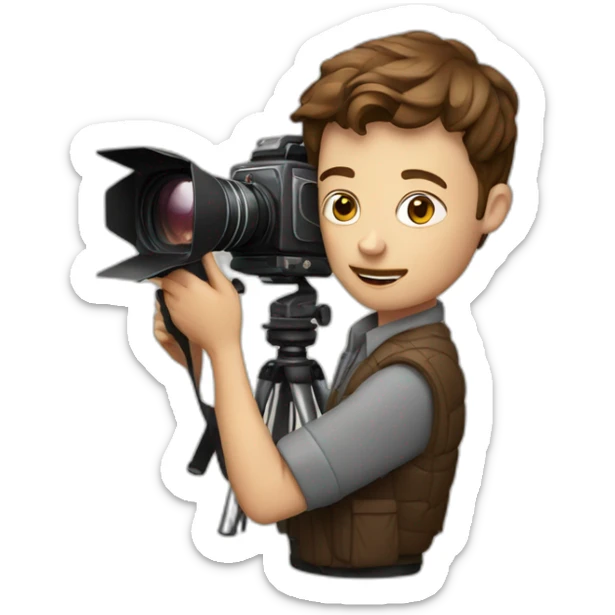 European film director with brown piled short hair holding a cinema camera sticker