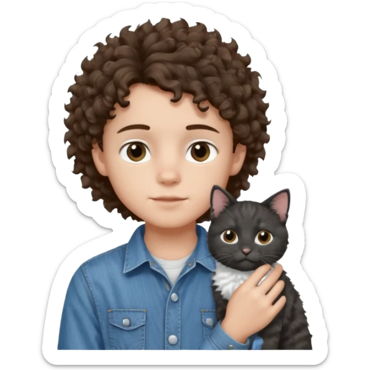 Apple emoji of a curly hair and dark brown eyes 13 year old boy with denim shirt and overalls with a black and white cat sticker