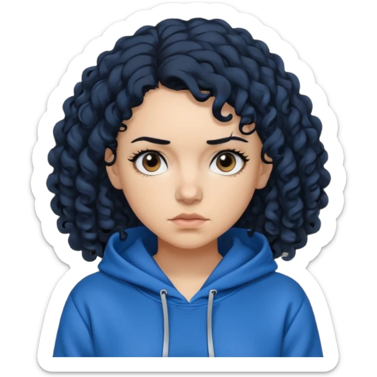 A woman with curly black hair, wearing a blue-black hoodie, and a slightly serious expression on her face. sticker