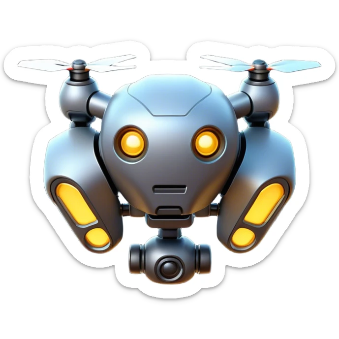 Clash of Clans aesthetic: Cinematic Playful 3D Isometric Robot Drone Emoji, rendered in a 3D vector-style similar to standard emojis with minimal shading and bold, simplified shapes. A compact, distinct form with signature details, softly glowing with a futuristic sci-fi warfare charm. Simplified yet unmistakably iconic, highly detailed and consistent, glowing with a soft radiance and high shine. Stylized with a touch of high-tech brilliance and a soft glowing outline, capturing the essence of a beloved gaming relic with a friendly, playful manner! sticker