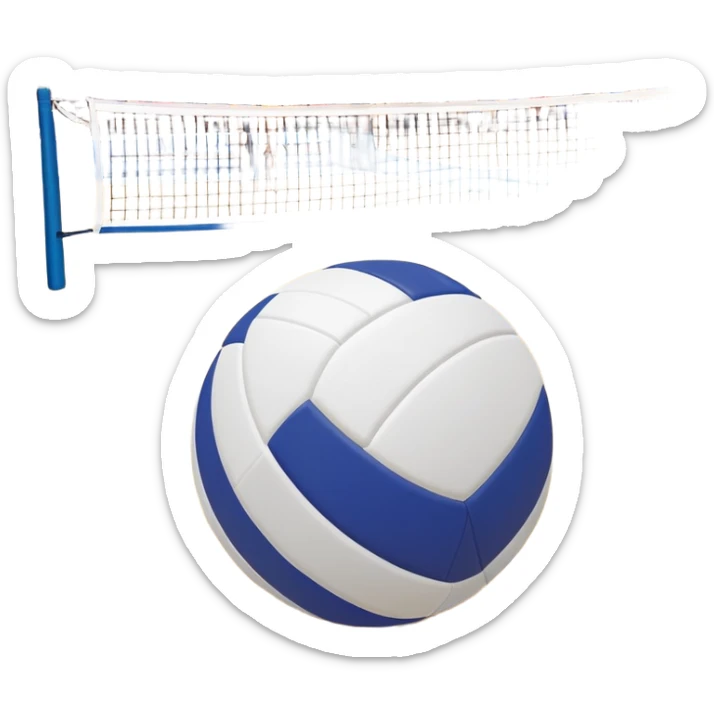 A close-up of a volleyball on the court, with the net in focus and the court markings visible. The background shows the stands filled with spectators, creating an energetic atmosphere of a volleyball match, with attention to detail on the equipment and the surrounding environment. sticker