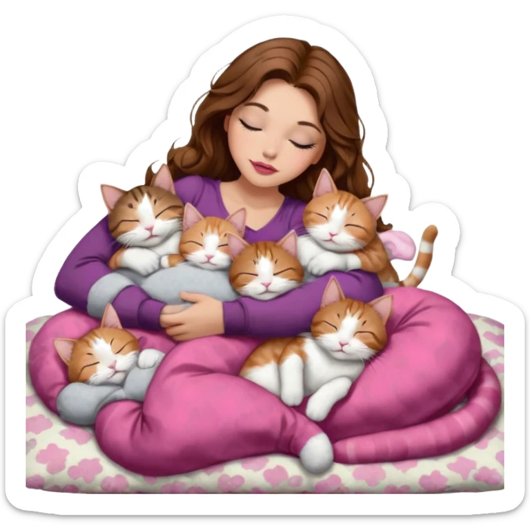 girl with long wavy brown hair, brown eyes, long lashes makeup, sexy pink lips, light to medium complexion,  sleeping on a cozy pillow, with 6 cats: 1 brown and white tabby cat, 1 ginger and white, 2 grey and white, 1 grey with white mittens and small white patch on chest and 1 calico, sleeping sticker