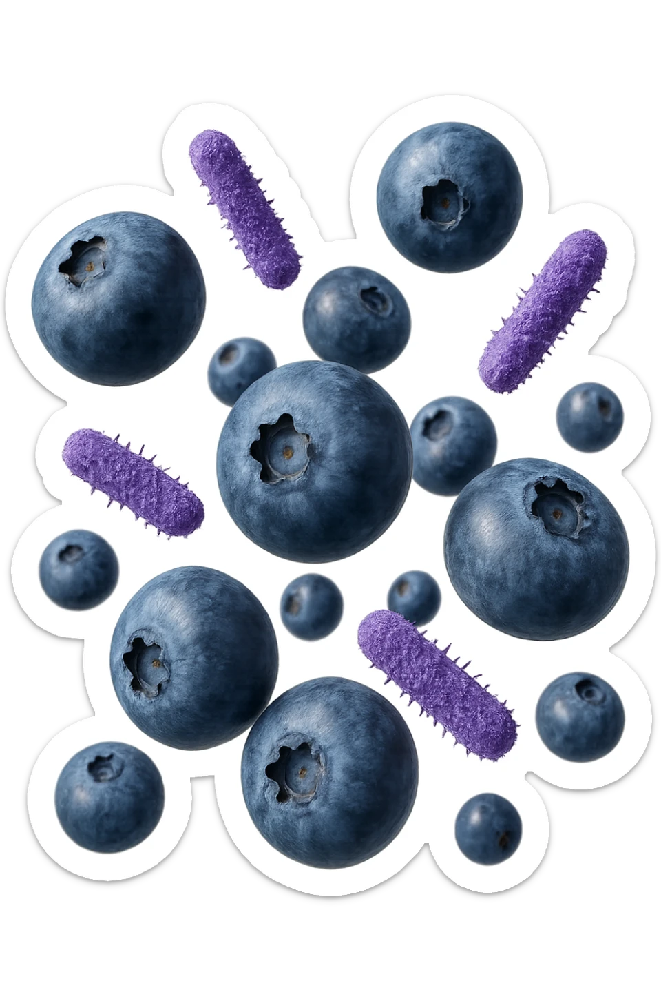 mirtilli fluttuano in aria insieme a 6 batteri intestinali viola, iperrealistico 4k sticker