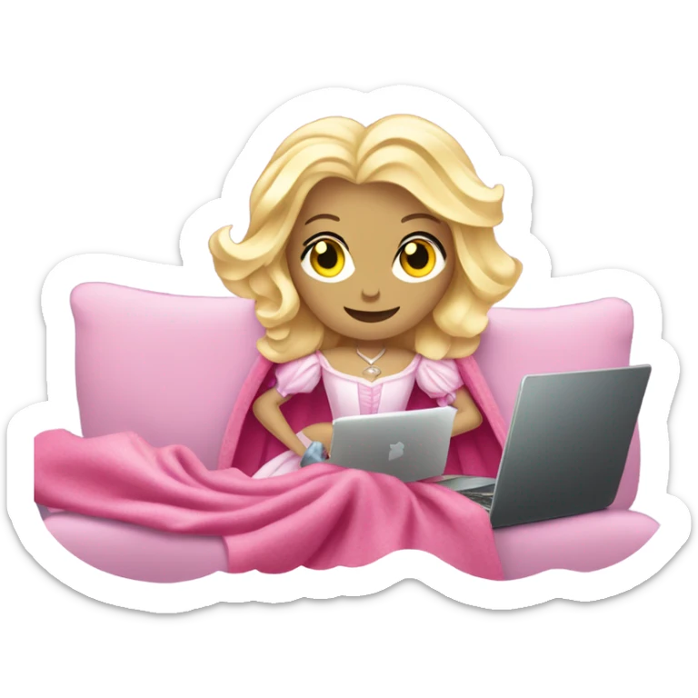 White and blonde Glinda from wicked in her pink dress with scepter has fever coverd by a blanket on the couch with laptop on her legs sticker