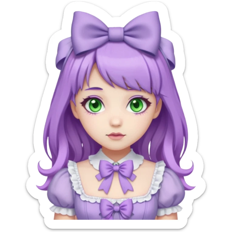 sweet lolita with pastel purple hair, green eyes, white skin, wearing a lilac dress with purple bows sticker