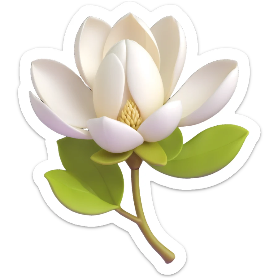 3D icon of a magnolia bud with white petals just starting to open, minimal background sticker
