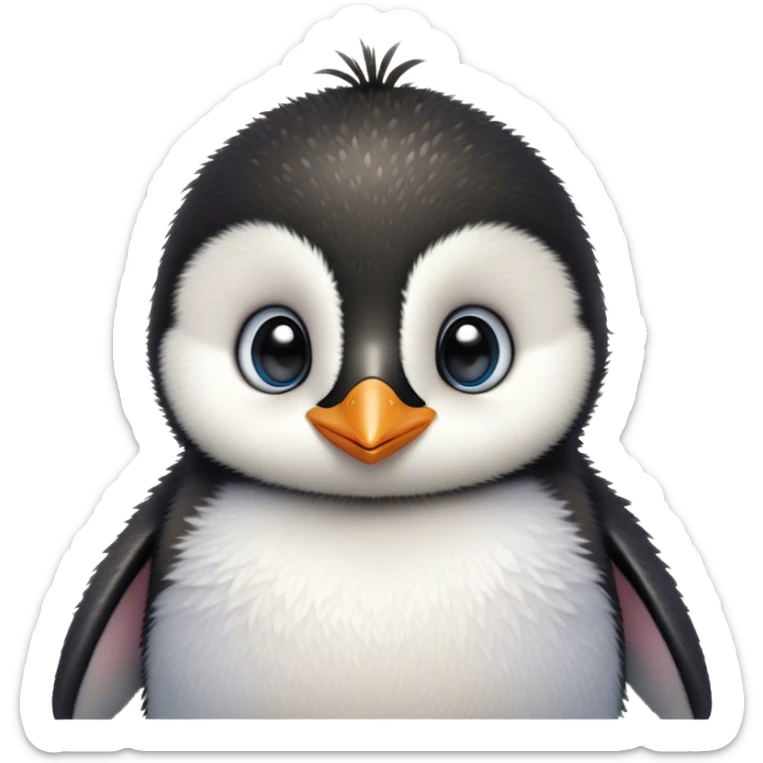 Cinematic Cute Baby Penguin Portrait Emoji, Head tilted playfully and inquisitively, with irresistibly fluffy plumage accented by a tiny beak and round, sparkling eyes filled with wonder, Simplified yet irresistibly adorable features, highly detailed, glowing with a warm, friendly polar glow, high shine, affectionate and lively, stylized with a touch of whimsical charm, bright and endearing, soft glowing outline, capturing the essence of a mischievous yet loving penguin that feels like it could slide out of the screen into your arms! sticker