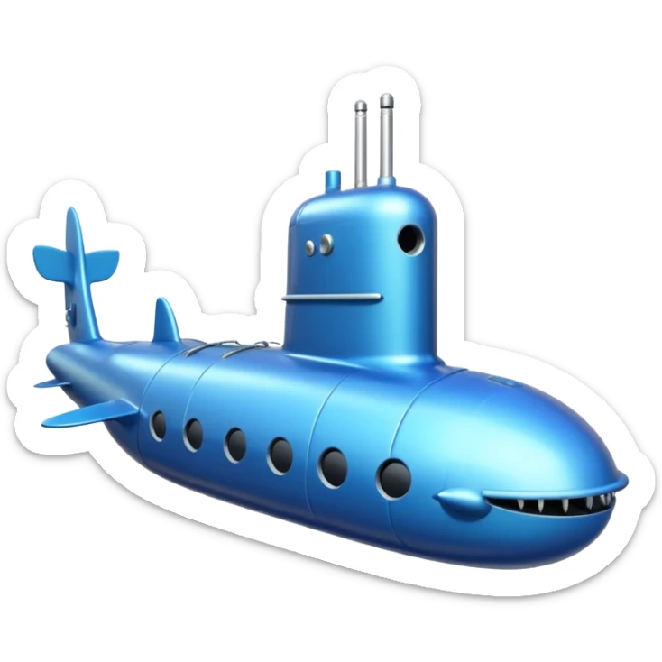A sleek blue military-style submarine with fins and sonar dish.















 sticker