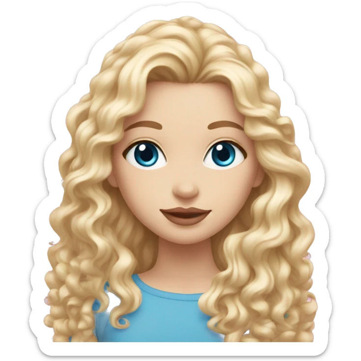 White girl 🧝🏻‍♀️, blue eyes, blond very long curly hair, pink lips. Background long sticker