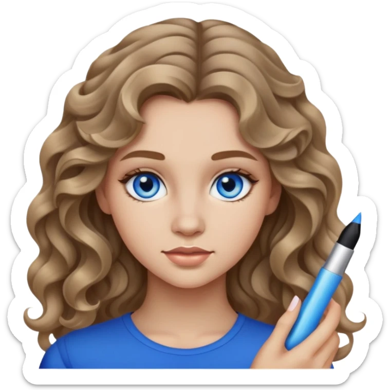 Teen girl, dark blond wavy hair, blue eyes, makeup sticker