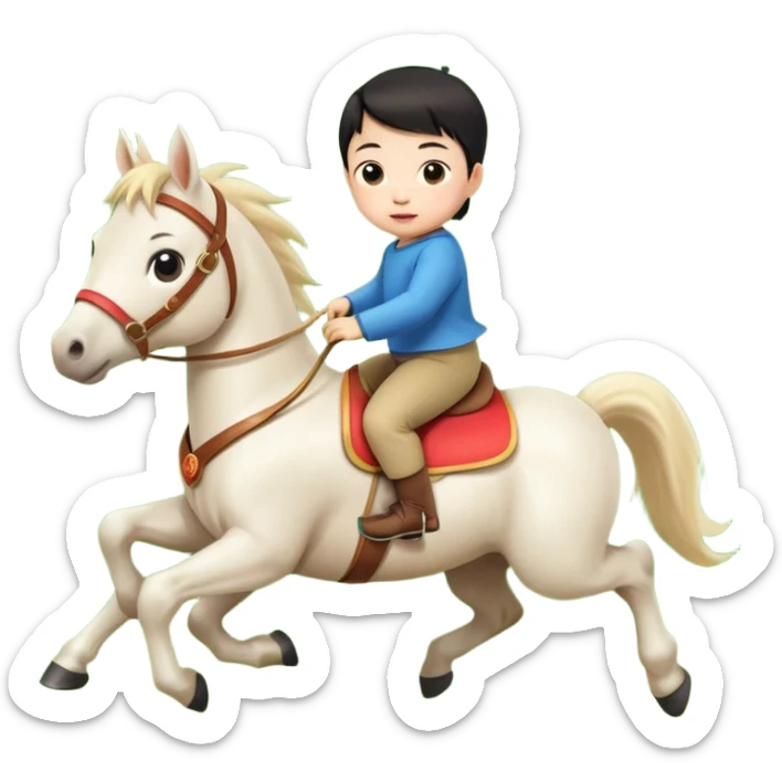 l little chinese baby riding on a  cute horse running really fast on the grass with 2026 year's label sticker