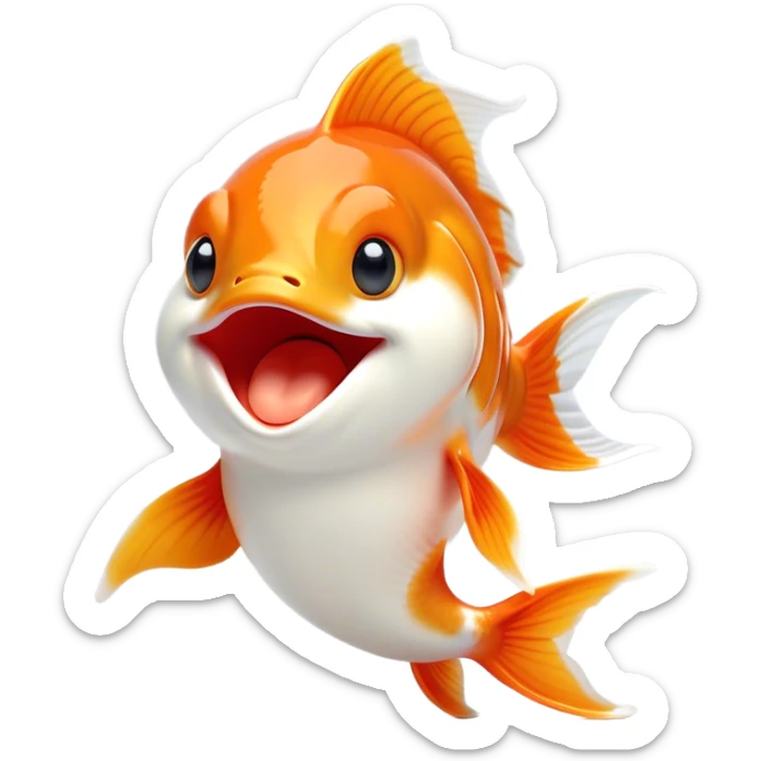 Cinematic Cute Yawning Orange and White Goldfish Portrait Emoji, Head tilted slightly with a dramatic, wide-open yawn, showcasing a smooth body with a balanced blend of orange and white, graceful fins slightly drooping, round golden eyes barely open in drowsy contentment, Simplified yet irresistibly adorable features, highly detailed, glowing with a soft, cozy glow, high shine, relaxed yet expressive, stylized with a touch of whimsy, bright and endearing, soft glowing outline, capturing the essence of a sleepy yet affectionate goldfish, so drowsy it feels like it could float out of the screen and curl up for a nap! sticker