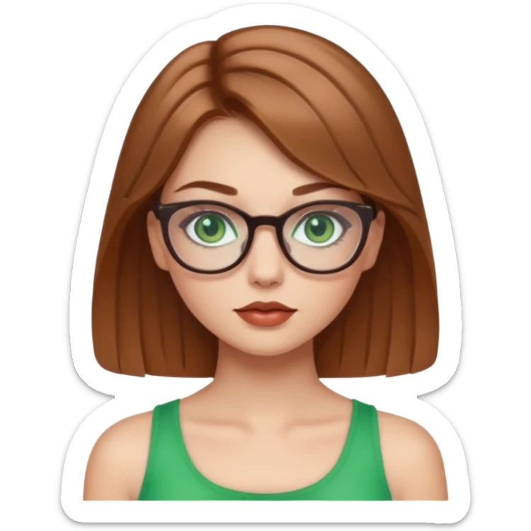 Yeşil gözlü,Hafif kahverengi saçlı, beyaz tenli, gözlüklü, crop giyinen ,baya dolgun dudaklı gloss sürmüş,makyajlı bir kız sticker