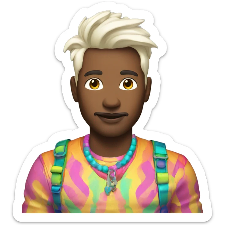 Queer man dressed in a colorful crazy outfit his skin color is white make sure that it's something modern but interesting kind of think runway sticker