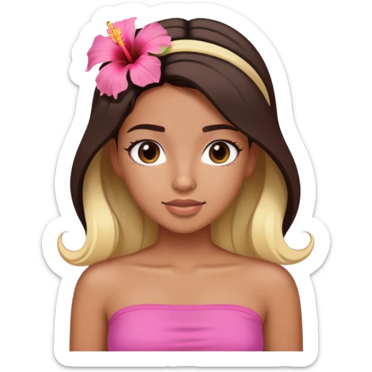 tan girl with dark brown hair and blonde highlights with a hibiscus flower in her hair wearing a pink tube top with tan lines showing sticker