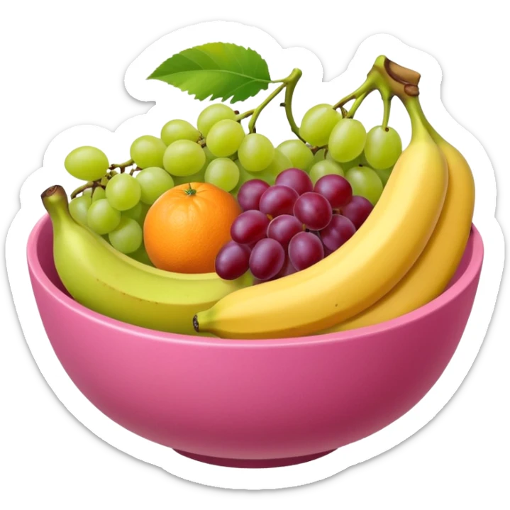 A pink bolw fully of all types os fruits, like a macedonia without red fruits sticker