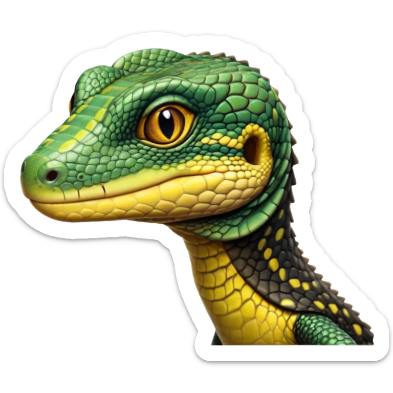 cinematic-realistic-cute-monitor-lizard-portrait-emoji,-head-tilted-playfully-and-inquisitively,-featuring-a-compact,-agile-body-with-finely-detailed,-glossy-scales-in-earthy-black and yellow-hues-and-a-distinct,-alert-face-with-bright,-curious-eyes, black , yellow spotted and green band  scales and a big long neck sticker