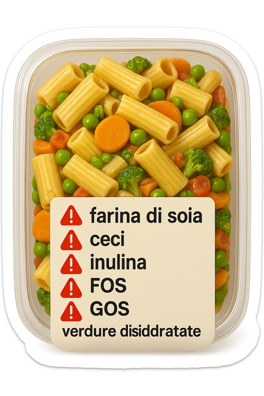SU QUESTO STILE FAI UN EMOJI STILE IPHONE 3D DI UN insalata di pasta precotta preconfezionata con ETICHETTA CON GLI INGREDIENTI SCRITTI, "farina di soia, ceci, inulina, FOS, GOS, verdure disidratate" accanto ad ogni nome scritto mettici un segnale di allarme, FALLO MOLTO REALISTICO IN 3D sticker