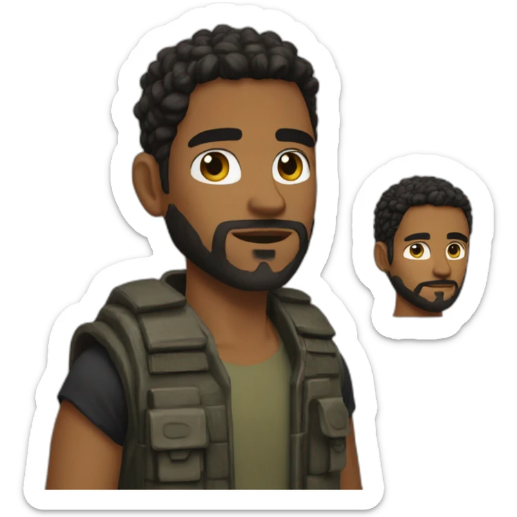 Joven de 27 años, pelo negro corto, barba negra, y un chaleco tactico sticker