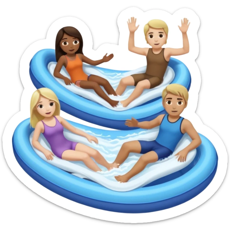2 girls 2 guys. dark brown haired girl that’s pale and blonde haired girl and dirty blonde haired man and dark brown hair guy that has a bit longer hair just above his shoulders and is pale too on the lazy river water slide sticker