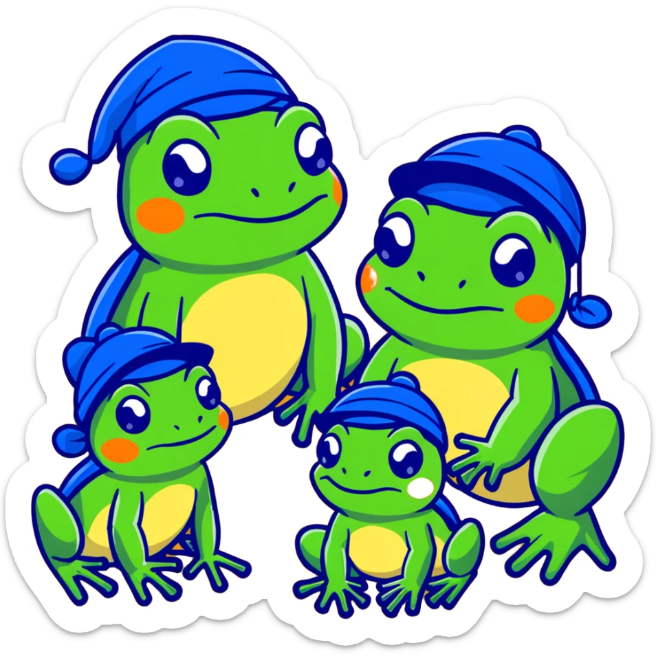 a family of frogs wearing blue hats, parent frogs and baby frogs all together sticker