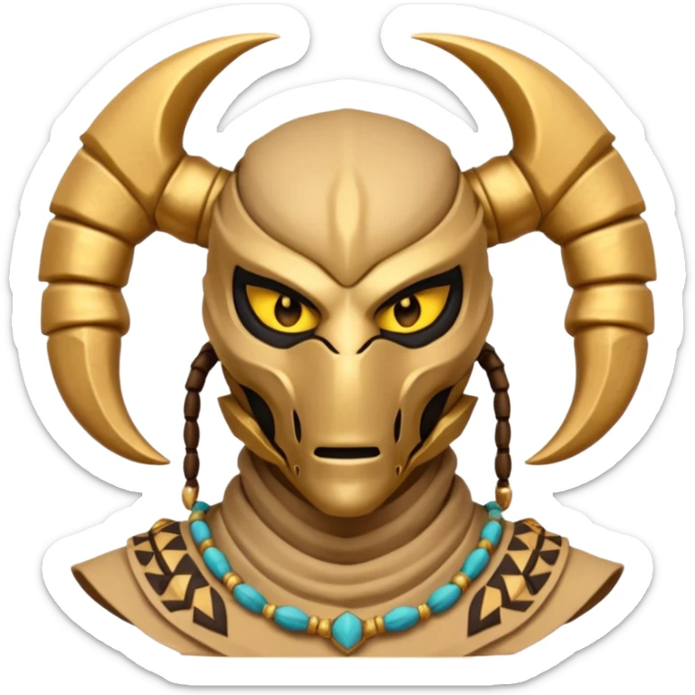 desert scorpion guard portrait, head and shoulders only, tribal mask, gold desert jewelry, fierce expression, sandy hood, 3D cartoon, mobile game icon style, clean background, no text, no watermark
 sticker