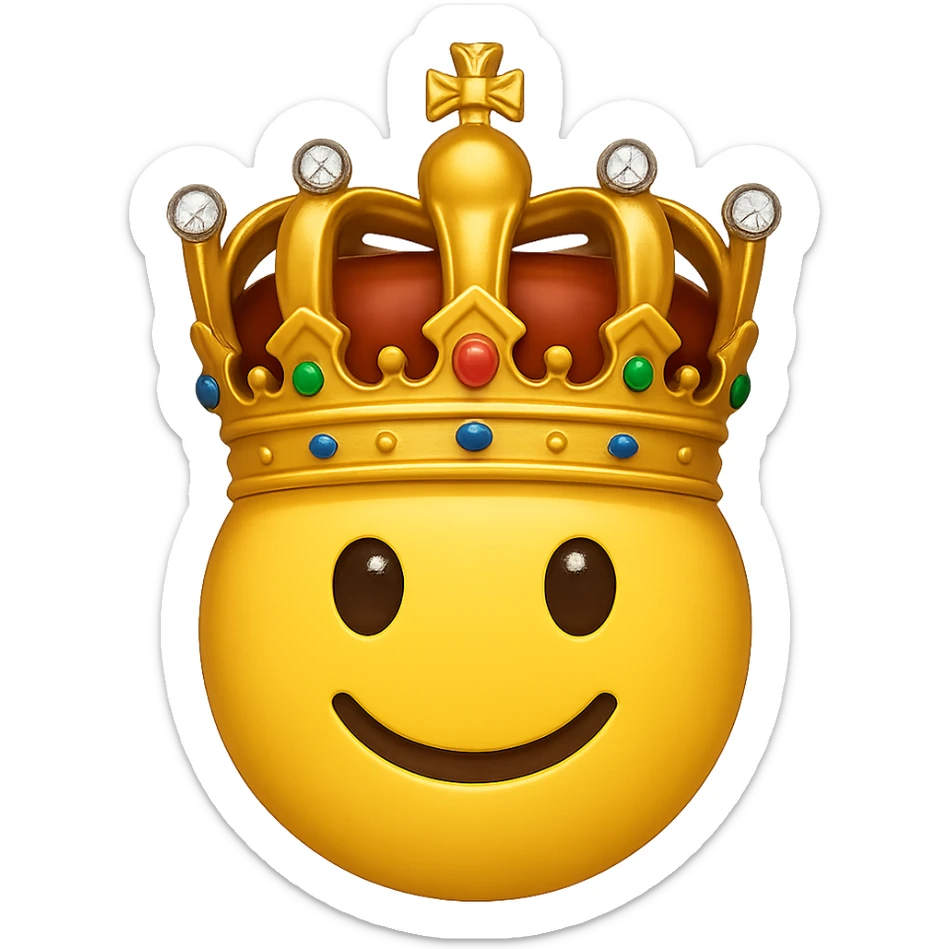 yellow face with gold crown and jewels, digital illustration, emoji style, no background sticker