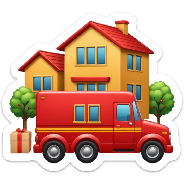 apple style emoji of a truck connected by street lines to a package, a house, and a company building, clear symbols, friendly colors, neutral background sticker