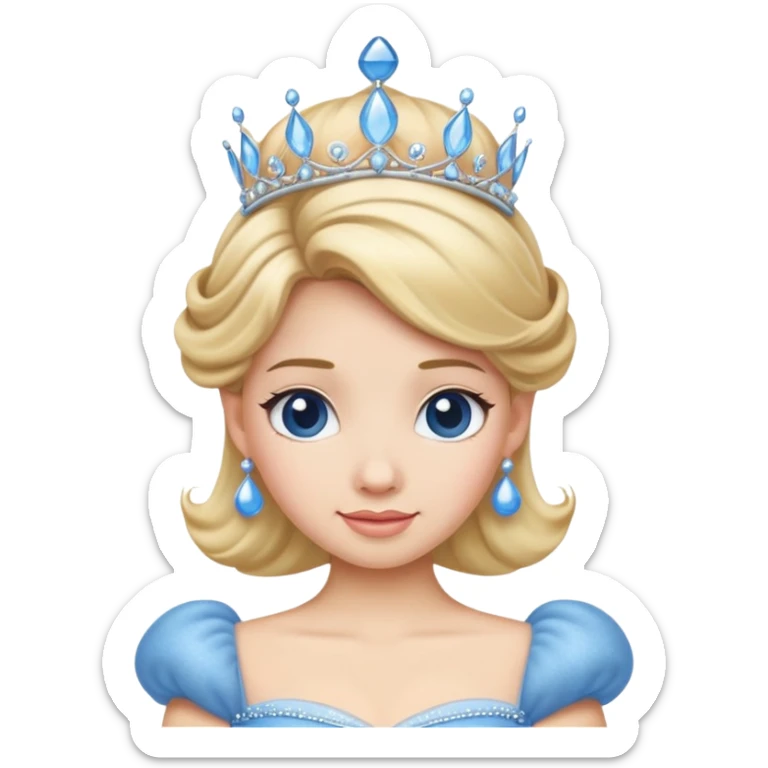 Cinderella emoji, classic fairytale look, blue ball gown, blonde hair, tiara, friendly expression sticker