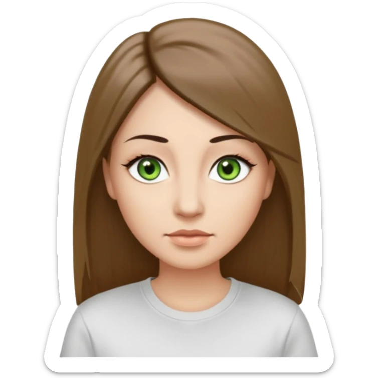 Adult woman avatar, light skin tone, oval face, long straight ashy brown hair, green almond-shaped eyes with dramatic eyelashes and minimal eyeliner, neutral mouth, medium straight eyebrows, small nose, smooth skin sticker