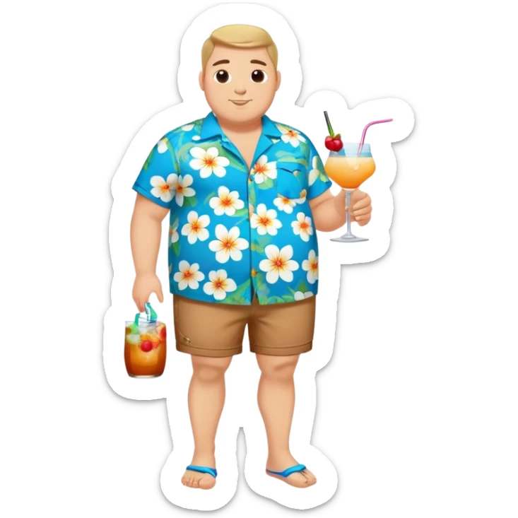 chubby guy full figure in a flowered azure havai shirt, brown shorts and flippers holding a cocktail sticker