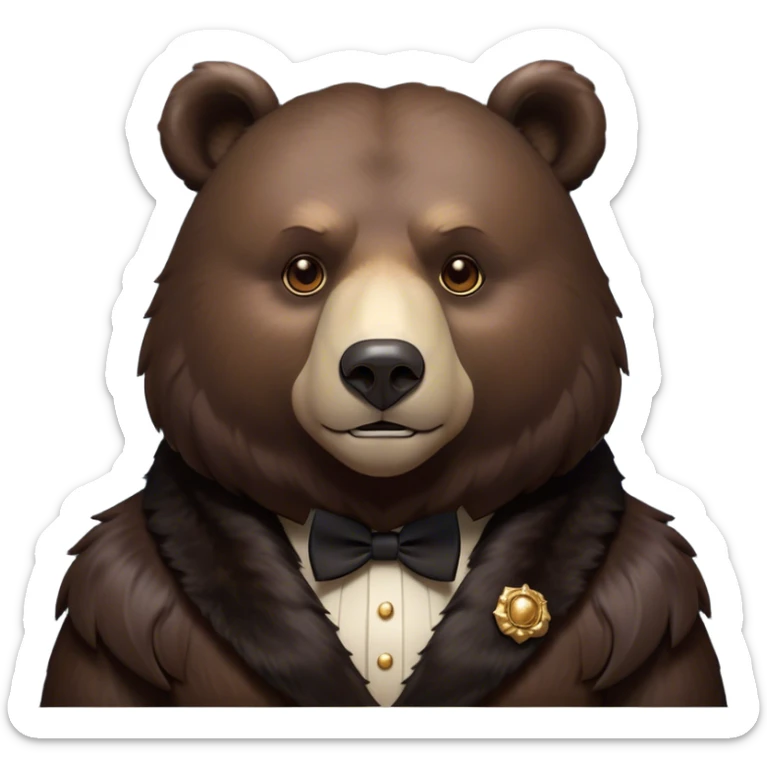 Cinematic Noble Bear Portrait Emoji, Poised and regal, with a large, imposing build and a thick, well-groomed rich dark brown fur, deep-set soulful eyes, Simplified yet sharp and sophisticated features, highly detailed, glowing with a soft, dignified glow, high shine, intelligent and formidable, stylized with an air of wild majesty, focused and attentive, soft glowing outline, capturing the essence of a watchful and commanding guardian, so majestic it feels as though it could lumber out of the screen with effortless authority! sticker