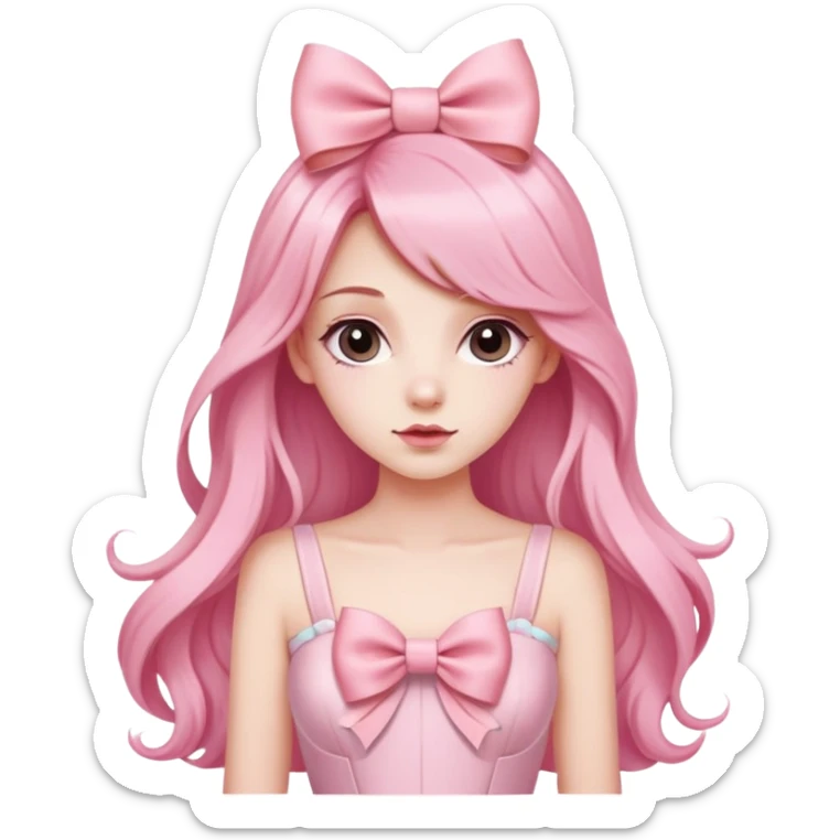  pastel pink long hair, bow on her hair, dress coquette design and bow on her chest

 sticker
