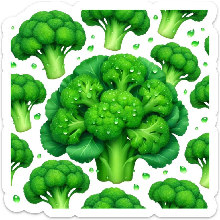 Cinematic lush green broccoli, detailed florets glistening with dewdrops, ultra-fresh and vibrant, soft glowing background, healthy and delicious. sticker