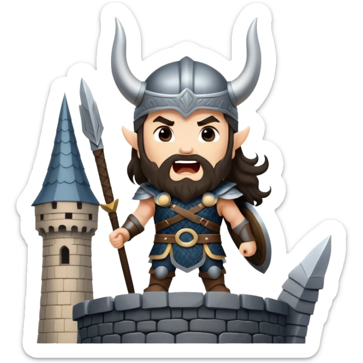 vikingo con armadura de Asgard, pelo negro ondulado, de pie, grito de guerra en torre de Asgard. sticker