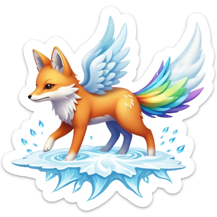 A cloud-dwelling creature made of vapor and static electricity, shaped like a winged fox that leaves rainbow trails as it flies and can condense parts of itself into water or ice projectiles. sticker