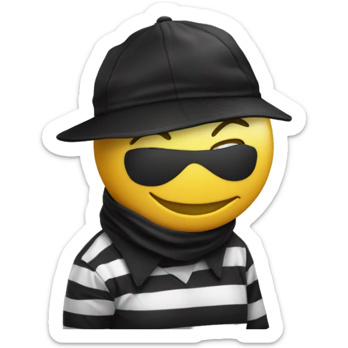 A yellow-faced emoji with a black mask, striped shirt, and a black cap smiles while holding a dollar-signed sack. The expression is friendly and playful. sticker