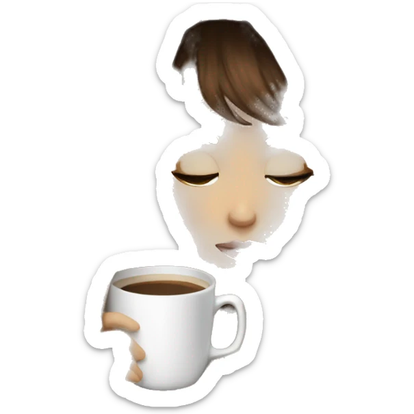 girl inside a blanket sipping coffee eyes closed white skin, brown hair and bangs sticker