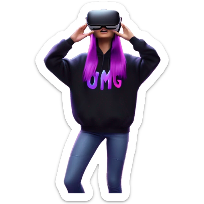 Russian girl wearing black hoody with violet letters "OMG", in vr headset oculus quest2. Dancing. Cyberpunk style. Violet neon. sticker