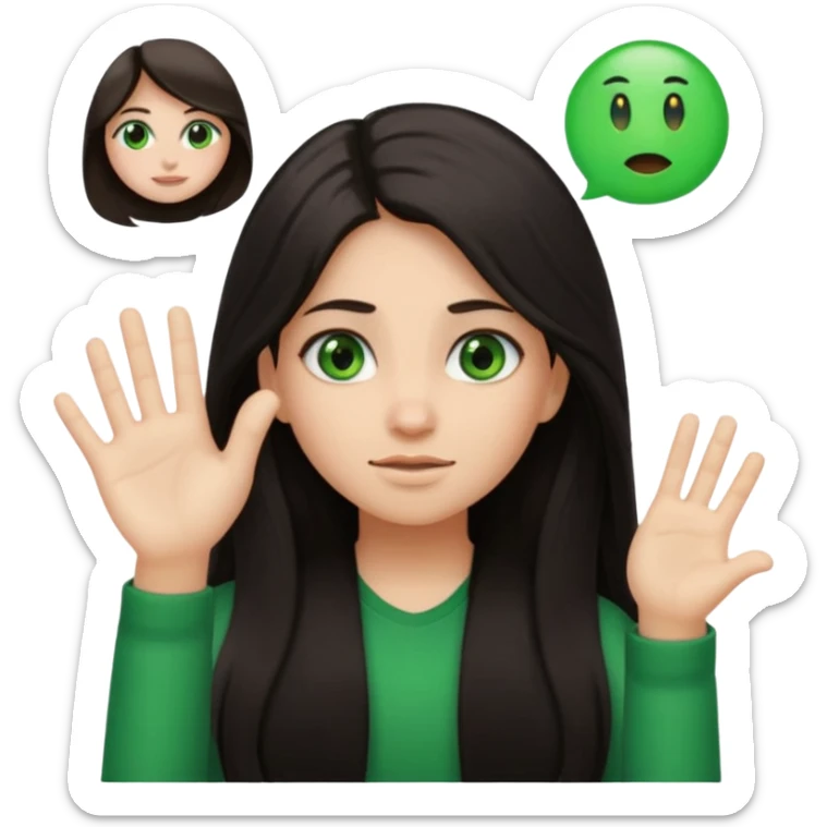 Animated girl dark long hair green eyes emoji with duh facial expression ,one hand on top of her head sticker