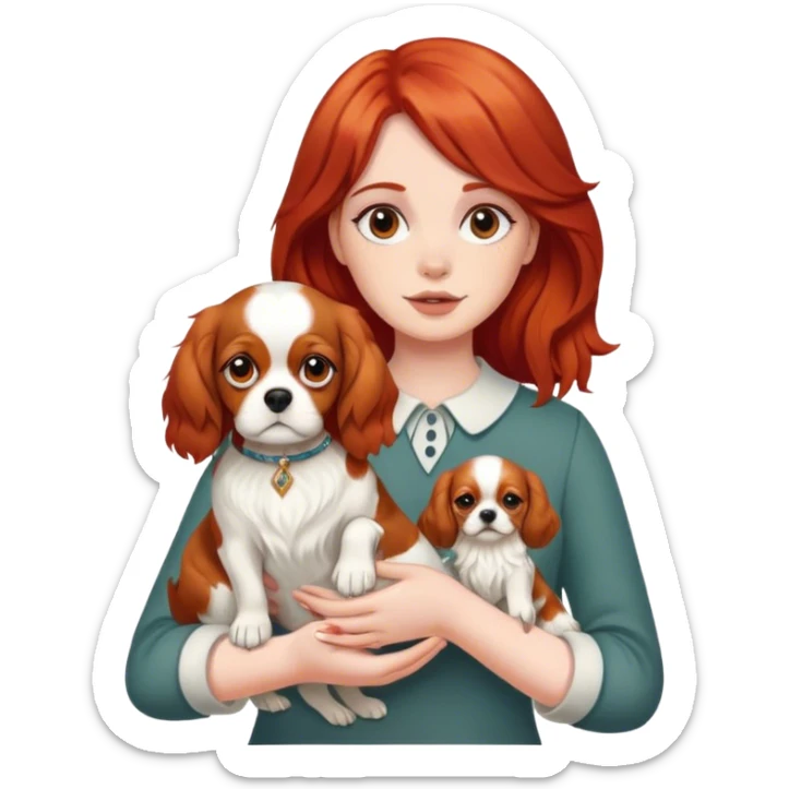 red-hair girl with a King Charles Spaniel on her hands sticker