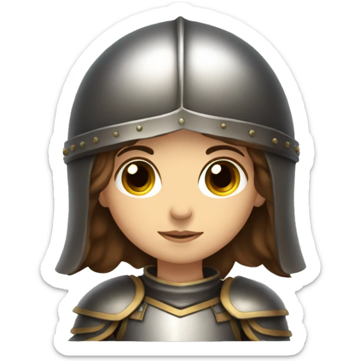 Girl knight with brown hair and brown eyes and a helmet sticker