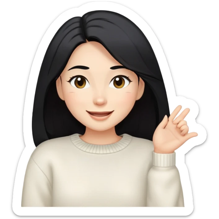 A woman with longer black hair, light to medium skin tone, full cheeks, and almond-shaped eyes, wearing a simple white sweater, joyful and radiant expression, cheerful, winking. sticker