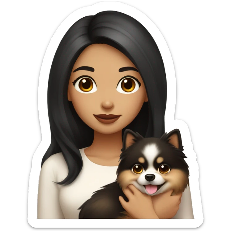 A girl with long black hair, light brown eyes, big lips, she has fair skin, holds a light pomeranian in her hands sticker