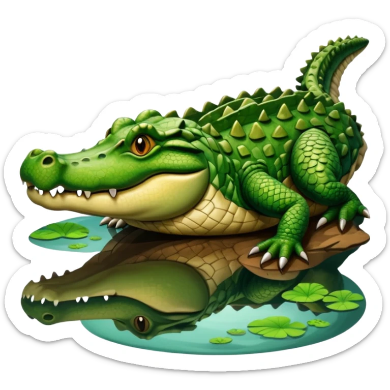 A large crocodile resting on a riverbank, part of its body in water, realistic scales and reflections, natural sunlight. sticker