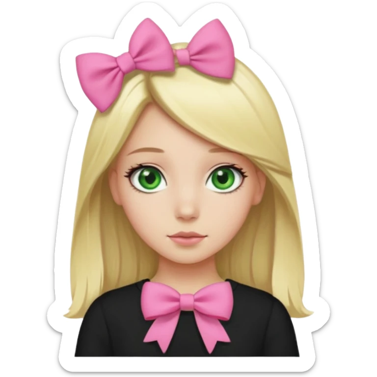 blonde girl middle part, pink bow in hair, plain black top, green eyes. sticker
