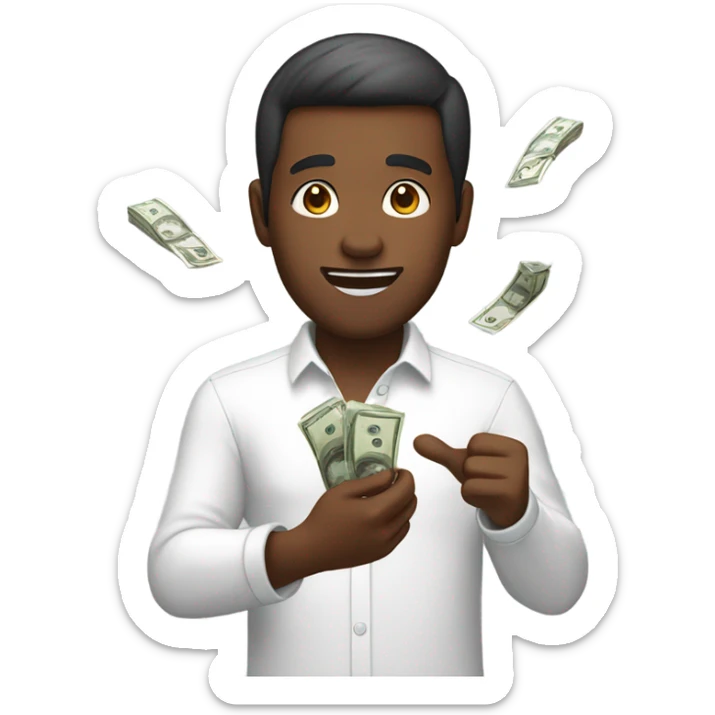 Guy with brown skin in white long sleeve wins money in his raised hands sticker