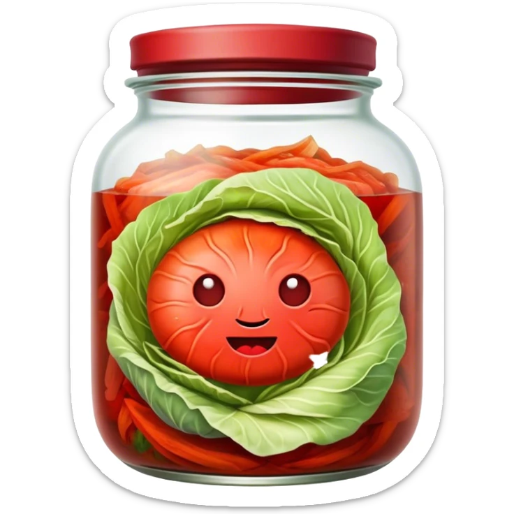 Kimchi Cinematic Realistic Kimchi Dish Emoji, depicted as spicy, fermented cabbage with vibrant red hues neatly served in a traditional jar, rendered with dynamic textures and bold, appetizing lighting. sticker